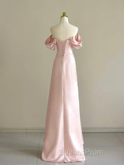 Pink A-Line Satin Long Evening Prom Dress, Off Shoulder Pink Long Evening Dress