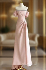 Pink A-Line Satin Long Evening Prom Dress, Off Shoulder Pink Long Evening Dress