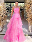 Pink A Line Strapless Organza Prom Dres