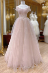 Pink A-Line Tulle Beaded Off Shoulder Long Party Dress, Pink Tulle Evening Prom Dress
