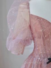 Pink A-line tulle lace long Evening Prom Dress, pink lace formal Dress