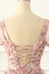 Pink A-Line Tulle Pleated Floral Long Evening Prom Dress Adult Ceremony Graduation Evening Prom Dress