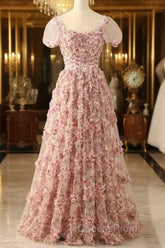 Pink A-Line Tulle Pleated Floral Long Evening Prom Dress Adult Ceremony Graduation Evening Prom Dress