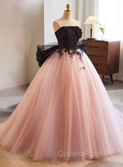 Pink And Black Lace Tulle Ball Gown Sweet 16 Dress, Pink And Black Long Formal Dress