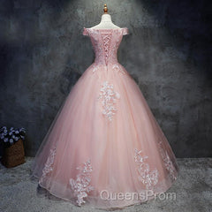 Pink Cap Sleeves Ball Gown Tulle With Lace Sweet 16 Evening Prom Dress, Long Quinceanera Dress