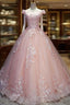 Pink Cap Sleeves Ball Gown Tulle With Lace Sweet 16 Evening Prom Dress, Long Quinceanera Dress