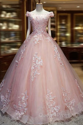 Pink Cap Sleeves Ball Gown Tulle With Lace Sweet 16 Evening Prom Dress, Long Quinceanera Dress
