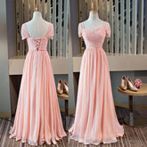 Pink Chiffon Cap Sleeves Long Bridesmaid Dress, Floor Length Pink Party Dress
