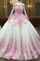Pink Floral Flowers Long Sleeves Organza Wedding Dress Ball Gowns