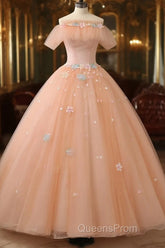 Pink Flowers Tulle Off Shoulder Party Dress, Pink Tulle Sweet 16 Dress