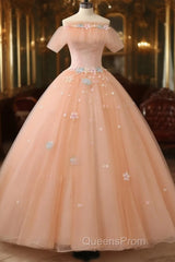 Pink Flowers Tulle Off Shoulder Party Dress, Pink Tulle Sweet 16 Dress