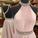 Pink High Neck Long Evening Prom Dress, Pink Backless Evening Dress