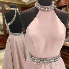 Pink High Neck Long Evening Prom Dress, Pink Backless Evening Dress