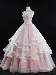 Pink high neck tulle lace long Evening Prom Dress, pink sweet 16 Dress