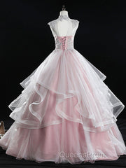 Pink high neck tulle lace long Evening Prom Dress, pink sweet 16 Dress
