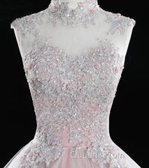 Pink High Neck Tulle Lace Long Evening Prom Dress, Pink Sweet 16 Gown