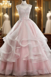 Pink High Neck Tulle Lace Long Evening Prom Dress, Pink Sweet 16 Gown