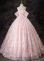 Pink Lace A-line Off Shoulder Long Party Dress, Pink Lace Prom Dress