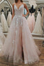 Pink Lace Appliques A Line Open Back Tulle Long Evening Prom Dress, Pink Lace Formal Graduation Evening Dress