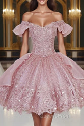 Pink Lace Homecoming Gown with Beading,Princess Off the Shoulder Hoco Dress