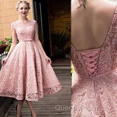 Pink Lace Tea Length Formal Dress, Beautiful Pink Evening Prom Dress, Lovely Party Dress