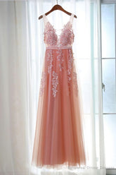 Pink Long New Prom Dress, Party Dress with Lace Applique