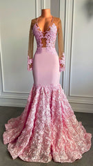 Pink Long Sleeves Lace Evening Prom Dress Mermaid Tulle Evening Formal Gown