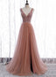 Pink Long Sparkle Beaded Tulle Slit Classy Prom Dress,Pink V-Neckline Classy Evening Gown