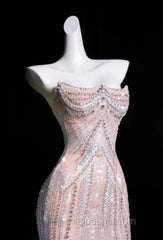 Pink Mermaid Strapless Tulle Diamond Long Evening Prom Dress Sweet Wedding Dress Formal Dress