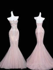 Pink Mermaid Strapless Tulle Diamond Long Evening Prom Dress Sweet Wedding Dress Formal Dress