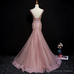 Pink Mermaid Tulle Long Evening Dress with Lace, V-neckline Floor Length Prom Dress