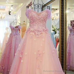 Pink Off Shoulder Lace Applique Tulle Flowers Prom Dress, Pink Formal Dress Sweet 16 Dress