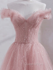Pink Off Shoulder Tulle Tea Length Evening Prom Dress, Pink Tulle Evening Dress