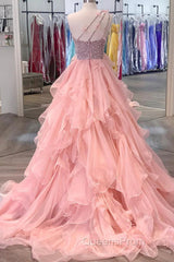 Pink Evening Prom Dress A Line One Shoulder Long Party Evening Dress with Beading Ruffles