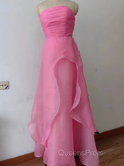 Pink Evening Prom Dress Tulle Evening Gown Strapless Ruffles A-line Simple Evening Prom Dress For Teens