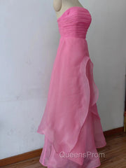 Pink Evening Prom Dress Tulle Evening Gown Strapless Ruffles A-line Simple Evening Prom Dress For Teens