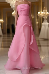 Pink Evening Prom Dress Tulle Evening Gown Strapless Ruffles A-line Simple Evening Prom Dress For Teens