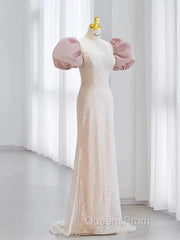 Pink Puffy Sleeves Trumpet Mermaid Sequin Evening Prom Dress