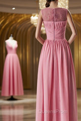 Pink round neck tulle lace long Evening Prom Dress, pink lace bridesmaid Dress