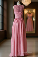 Pink round neck tulle lace long Evening Prom Dress, pink lace bridesmaid Dress