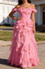 Pink Ruffled A-Line Square Neck Long Prom Dress