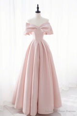 Pink Satin Long Prom Dress, Cute Off Shoulder Evening Dress