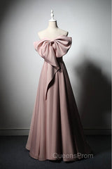 Pink Satin With Bow A-Line Long Evening Prom Dress, Pink Satin Formal Dress Party Dress