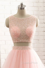 Pink See Through Tulle Beading Strapless Two Piece Evening Prom Dress
