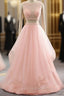 Pink See Through Tulle Beading Strapless Two Piece Evening Prom Dress