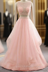 Pink See Through Tulle Beading Strapless Two Piece Evening Prom Dress