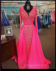 Pink Sequin Evening Prom Dress Long Sleeves V Neck Evening Gowns With Train