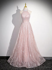 Pink Sequins Halter Backless Beading Prom Dress