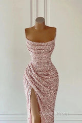 Pink Sequins Sleeveless Evening Dress With Split