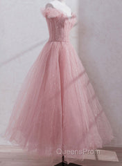 Pink Shiny Tulle Beaded Off Shoulder Long Party Dress, Pink Tulle Evening Dress